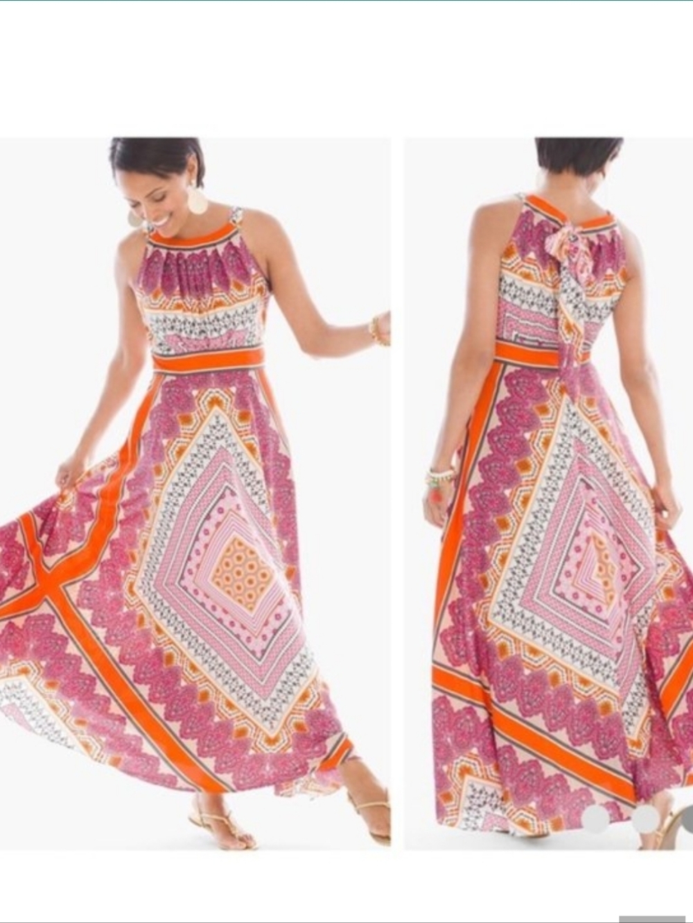 Chico's Scarf Print Pleated High-Neck Patterned Maxi Dress Orange Combo